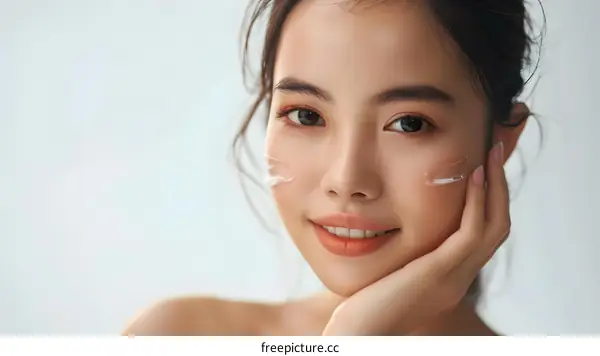 Smiling Woman Applying Facial Cream