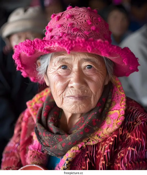 portrait of an elderly woman wearing a pink hat and a colorful scarf