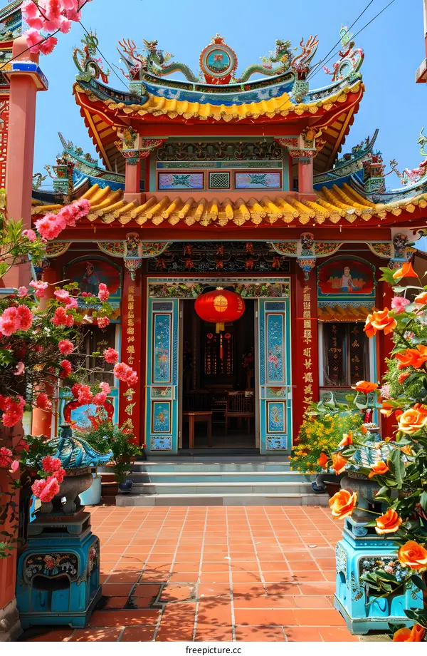 Traditional Chinese Temple with Red Roof and Ornamental Dragons