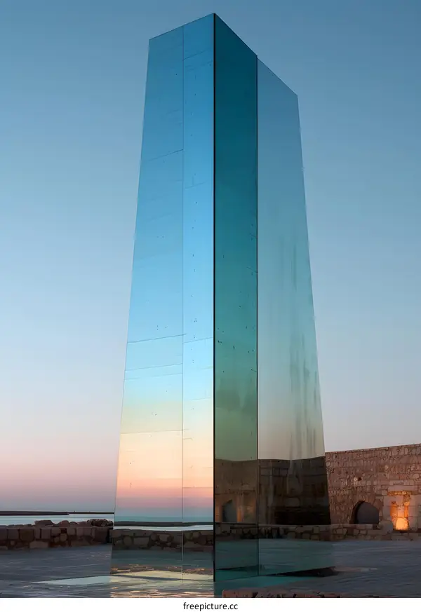 A mirrored sculpture reflecting the sky
