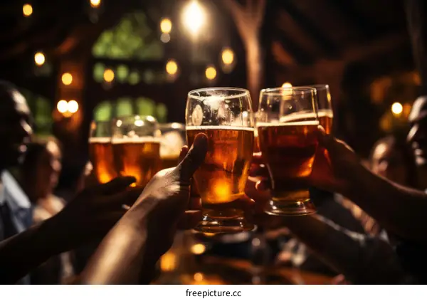 Group of friends toasting with beer mugs in a bar