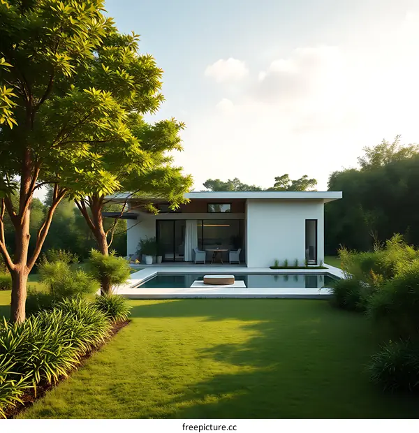 Modern Minimalist House with Swimming Pool and Lush Greenery