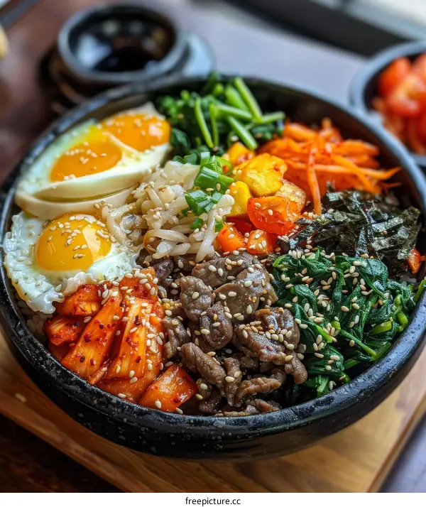 Korean Rice Bowl 'Bibimbap' with Beef, Egg, Vegetables and Rice