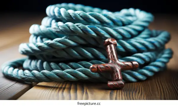 A blue rope and a copper fitting in the shape of a cross