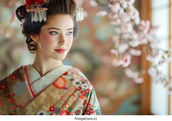Portrait of a beautiful Japanese woman in traditional kimono