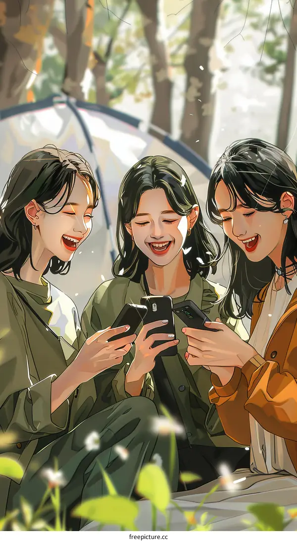 Three Asian friends looking at their phones and laughing