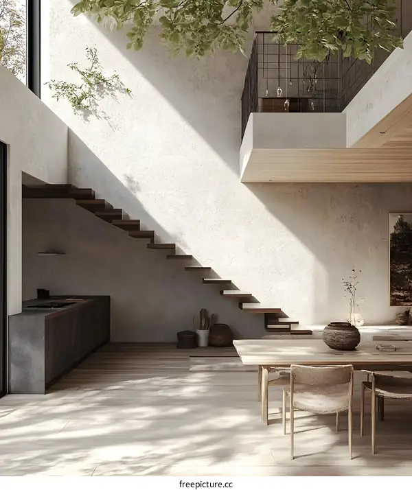 Modern Minimalist Interior Design with Staircase and Wooden Floor