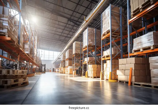 A large warehouse with many shelves full of boxes