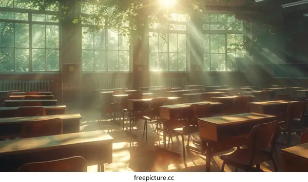 Classroom Desks and Chairs in Sunlight with Overgrown Plants