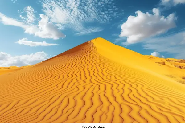 A large sand dune in the middle of a desert with a blue sky and clouds behind it