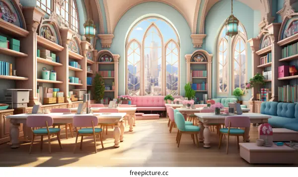 A beautiful library with pink and blue furniture and a large window