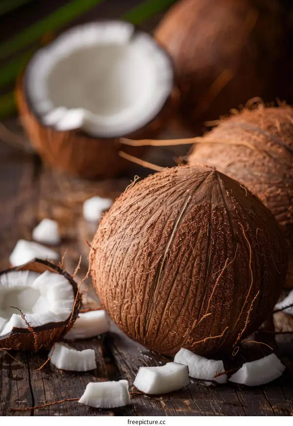 Fresh Coconuts on Wooden Surface