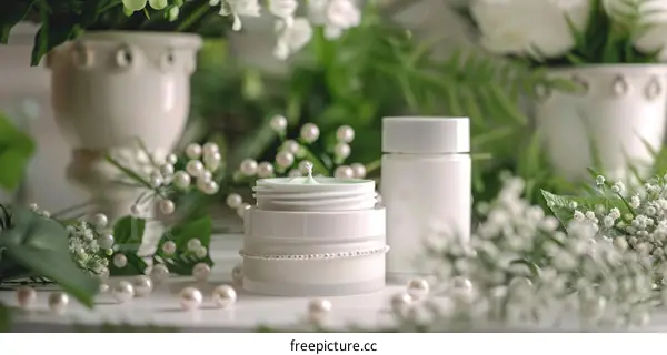 Luxury Skincare Products with Pearls and Flowers