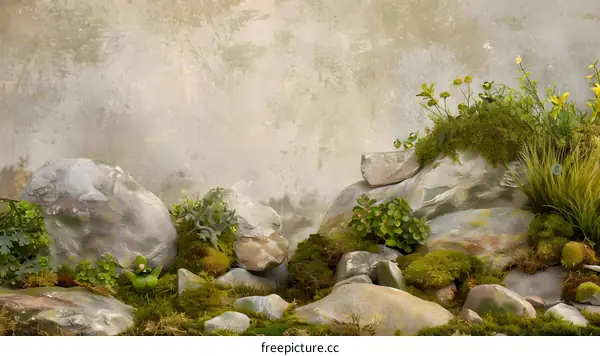 Stone And Green Plants On The Background Of A Grey Wall