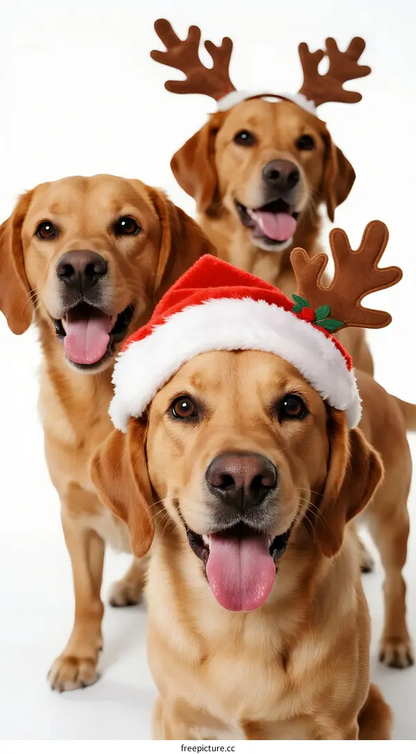 Three golden retrievers wearing Santa hats and reindeer antlers