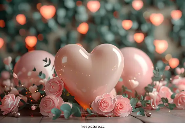 A pink heart-shaped balloon and some pink roses