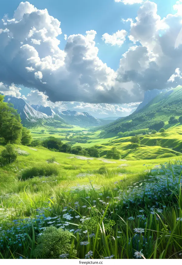 Rolling Green Hills Under a Blue Sky