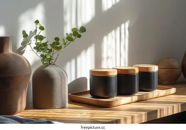 Minimalist Wooden Tray with Vase and Jars on Table