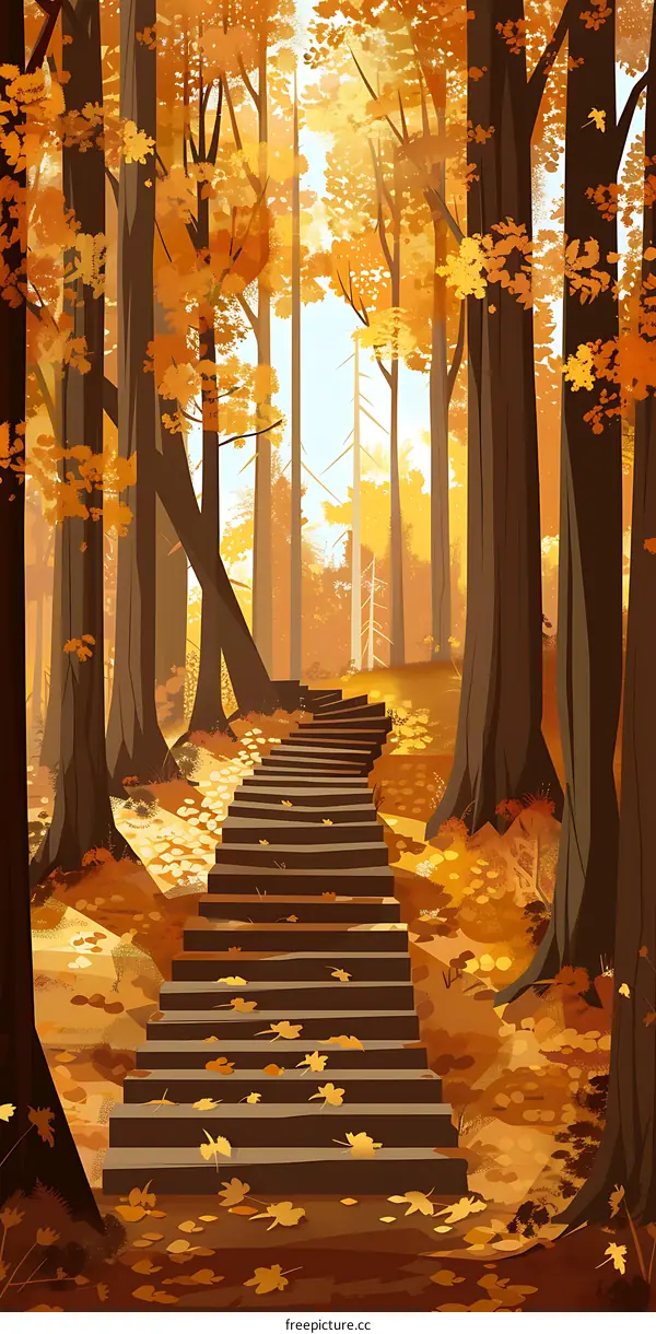 Autumn Forest Stairway With Fall Leaves