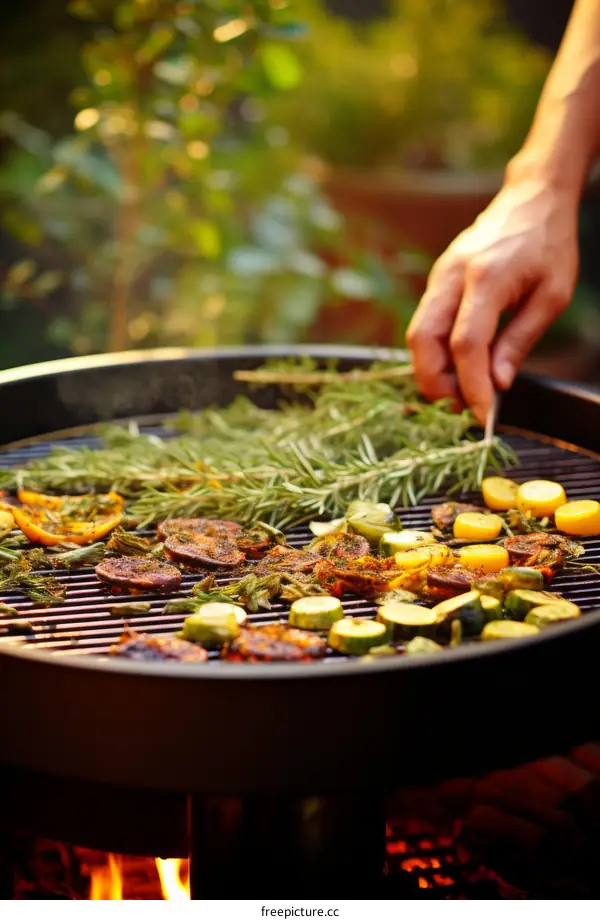 Person grilling vegetables and meat on grill with rosemary
