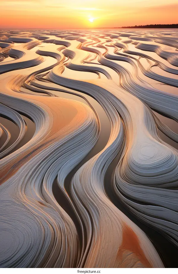 Surreal Landscape with Rippling Hills and a setting Sun