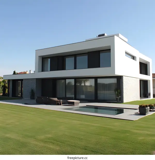 Modern White House with Swimming Pool and Lawn