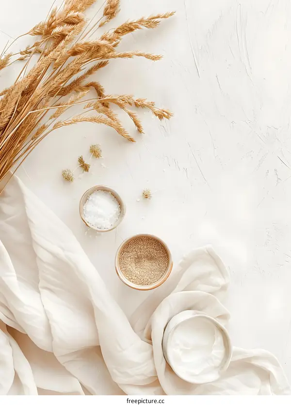 Natural Minimalist Flat Lay with White Background and Dried Wheat