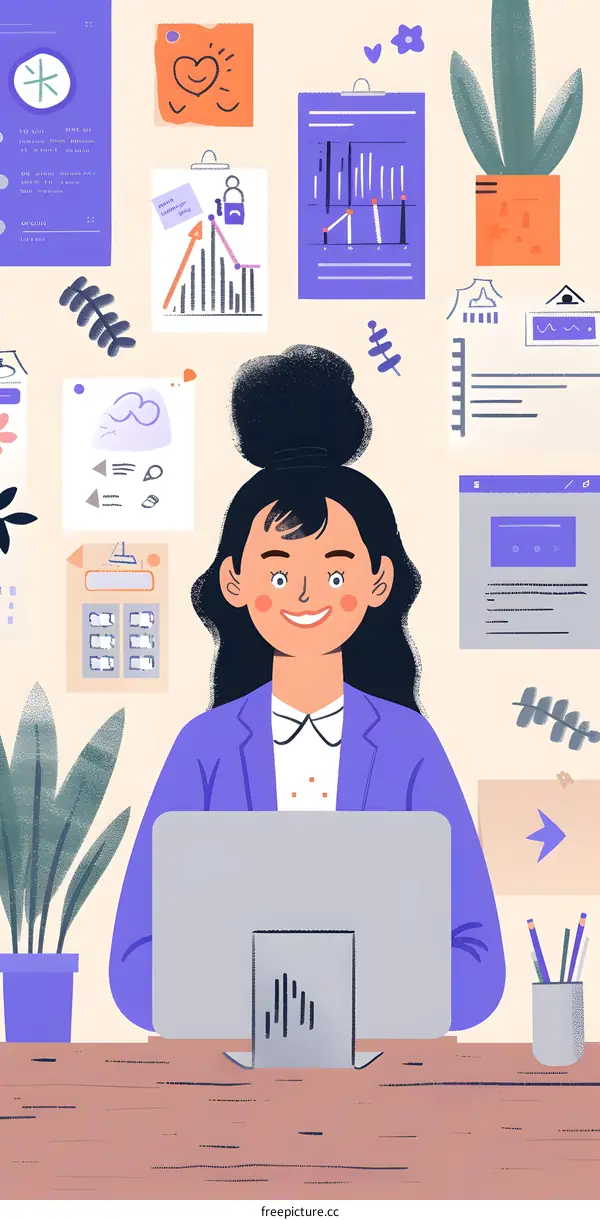 Smiling Woman Sitting at Desk with Laptop and Charts Illustration
