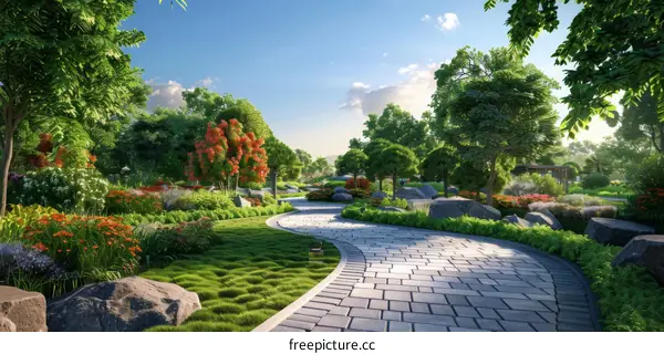 Scenic Park Pathway with Lush Greenery