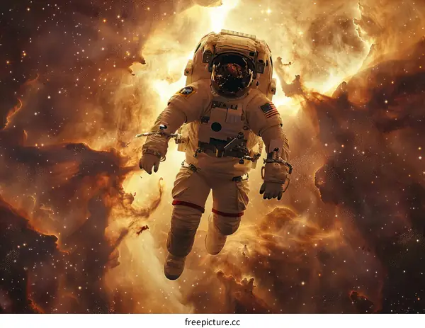 Astronaut in orange space suit floating in the vastness of space