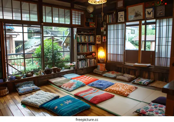 A cozy living room with lots of pillows and cushions on the floor