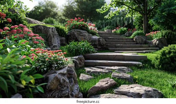 Beautiful Garden Landscaping with Stone Stairs