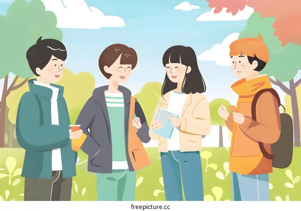 Four Friends Talking in a Park Illustration