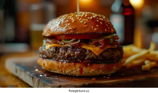 Close-up of a delicious cheeseburger with bacon and fries on a wooden table