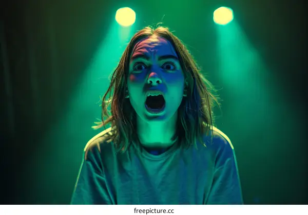 A young woman screams in terror as she is caught in a spotlight