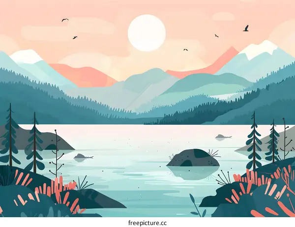 Mountain Lake Illustration with Sun and Birds in Sky