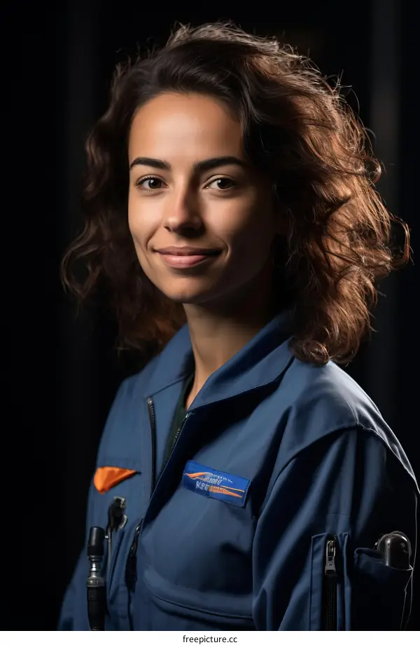 Portrait of a young astronaut smiling wearing a blue spacesuit with brown hair
