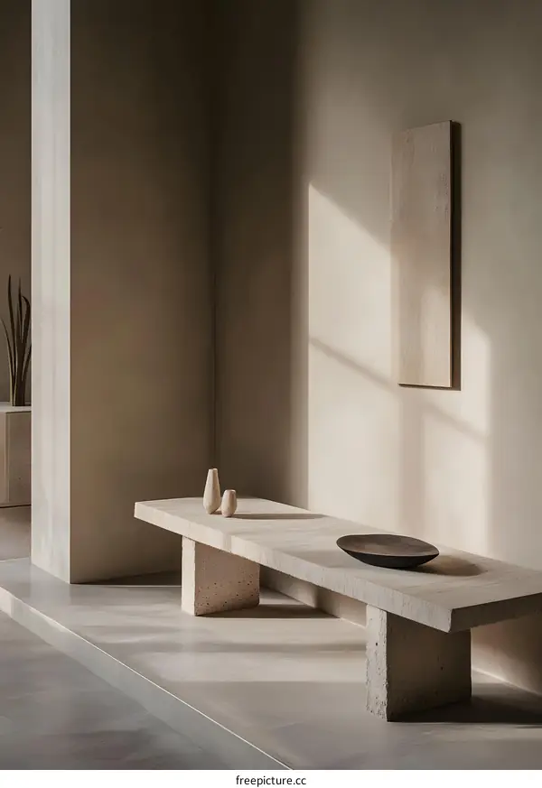 Minimalist Interior Design With Stone Bench And Sunlight