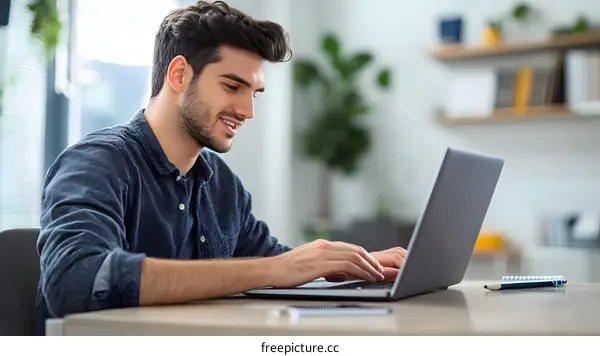 Smiling Man Working on Laptop Computer in Office