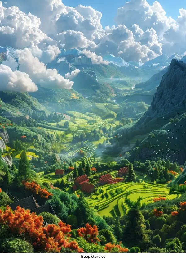 Idyllic Valley with Terraced Fields