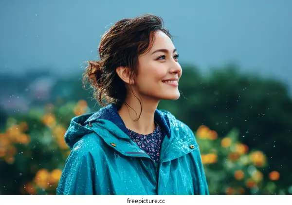 Woman in Teal Rain Jacket Outdoors