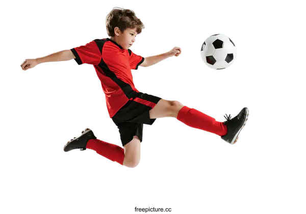 [Transparent Background PNG]Young boy in red soccer uniform kicking a black and white soccer ball