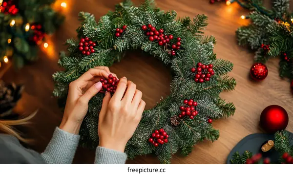 Woman Creating a Festive Christmas Wreath