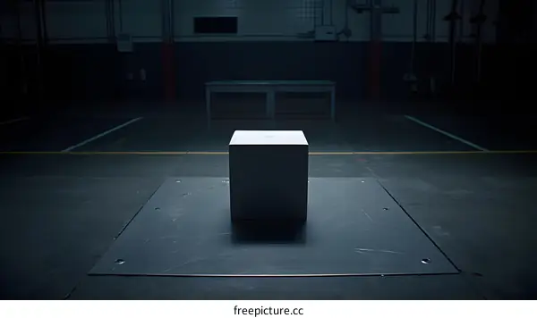 Grey Cube on Metal Platform in Dark Room