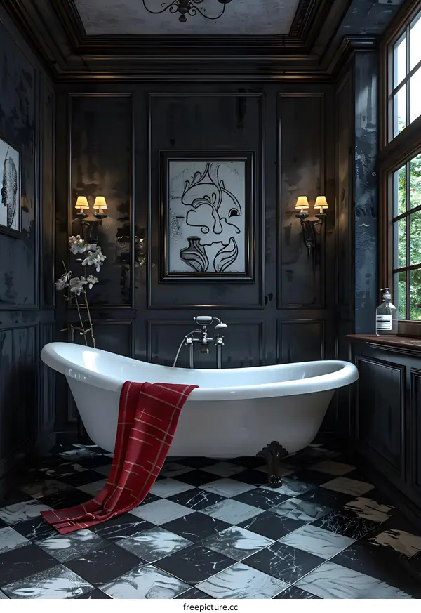 Black and white bathroom with a red towel