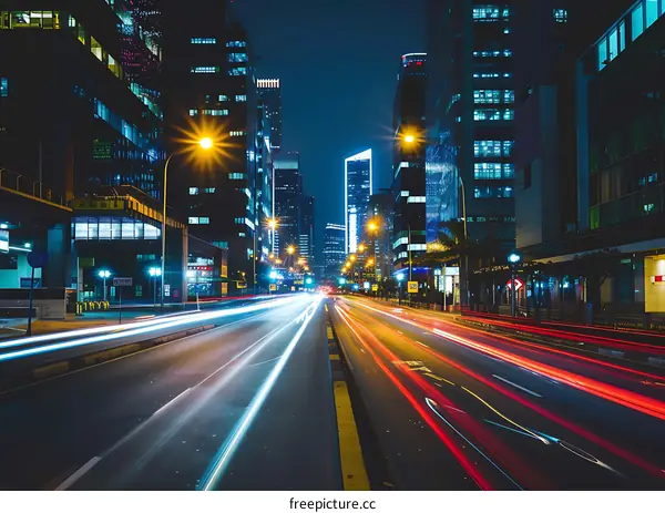 Night Cityscape with Light Trails and Skyscrapers