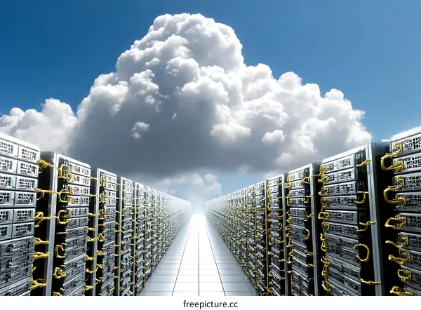 Cloud Computing Server Room with Rows of Servers