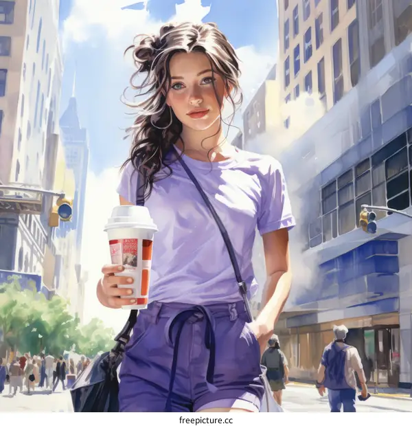 A young woman walking down a city street carrying a coffee cup