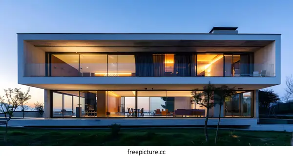 Modern Two Story House With Large Windows And A Balcony