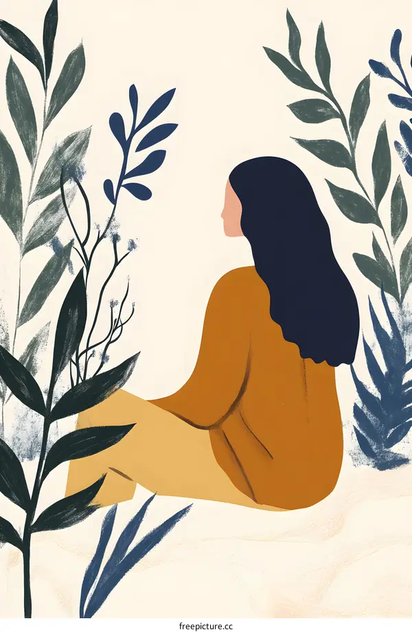 Woman Sitting in a Garden of Abstract Plants